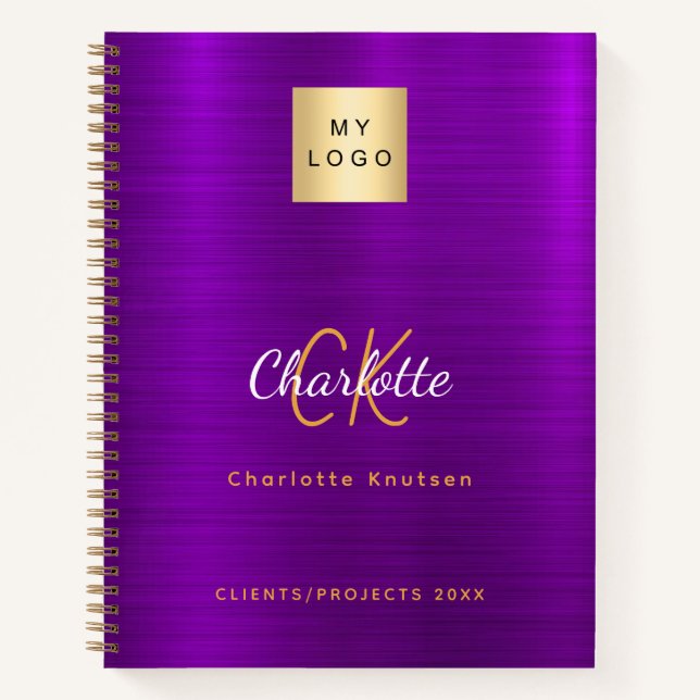 Business logo purple gold monogram glamourous notebook (Front)