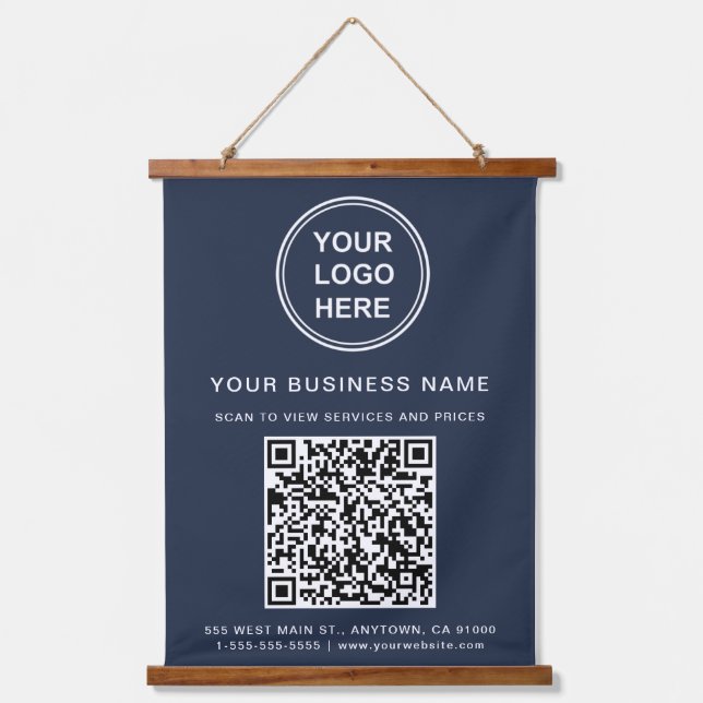 Business Logo QR Code Blue Hanging Tapestry (Front)