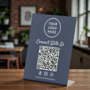 Business Logo QR Code Blue Tabletop Pedestal Sign
