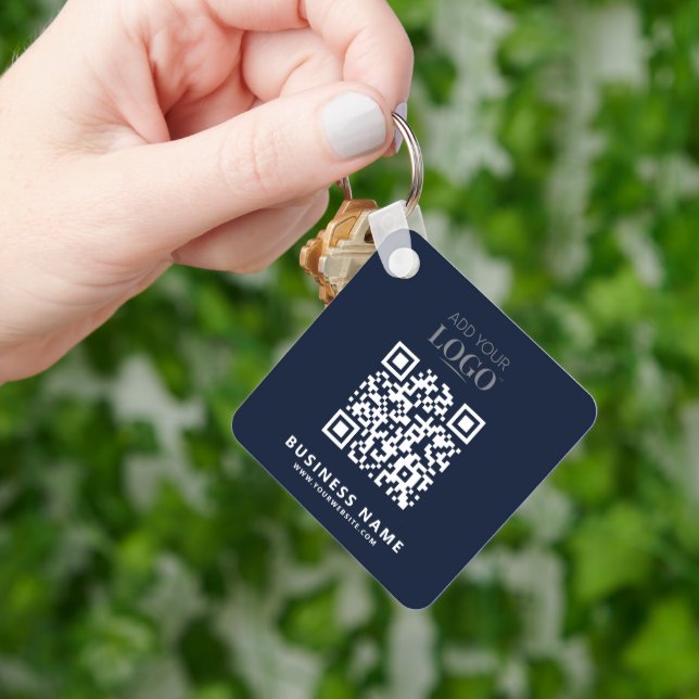 Business Logo Qr Code Code Promotional Navy Blue Keychain (Hand)
