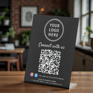Business Logo QR Code Connect With Us Tabletop Pedestal Sign
