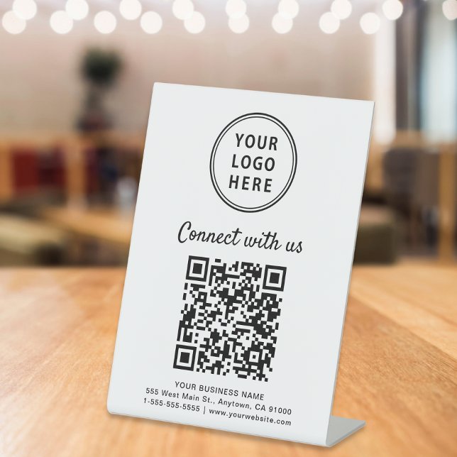 Business Logo QR Code Connect With Us Tabletop Pedestal Sign (A QR code sign to effortlessly connect your customers to your online platforms)