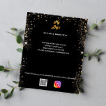 Business logo qr code instagram black gold flyer<br><div class="desc">A black background decorated with faux gold glitter dust. Personalize and add your business logo,  name,  address,  your text,  your own QR code to your instagram account.</div>