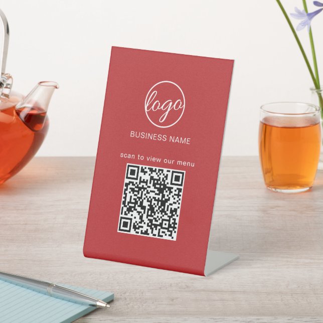 Business Logo QR Code Menu Restaurant Red Pedestal Sign (In SItu)