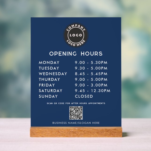 Business Logo QR Code Modern Opening Hours Acrylic Sign (Neutral)