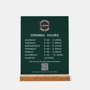 Business Logo QR Code Opening Hours Green Acrylic Sign