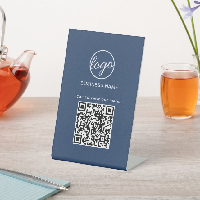 Business Logo QR Code Restuarant Menu Navy Blue Pedestal Sign (In SItu)