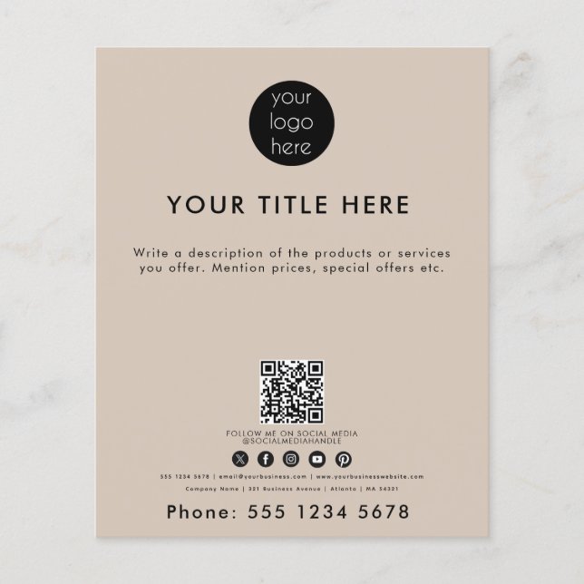 Business Logo QR Code Social Media Beige Flyer (Front)