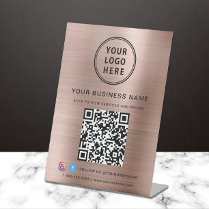 Business Logo QR Code Social Media Rose Gold Pedestal Sign