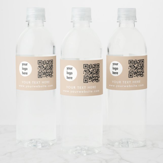 Business Logo QR Code Text Website Beige Customer Water Bottle Label (Bottles)