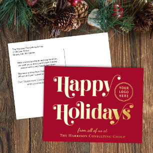 Business Logo Red Christmas Gold Foil Holiday Postcard