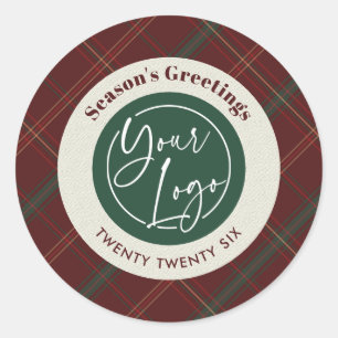 Business Logo Red Plaid Christmas Company Gifts Classic Round Sticker