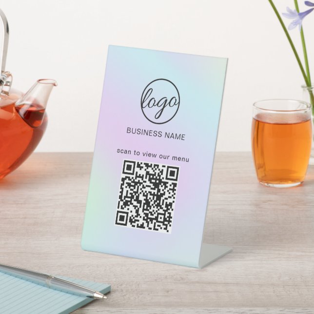 Business Logo Restaurant Menu QR Code Holographic Pedestal Sign (In SItu)