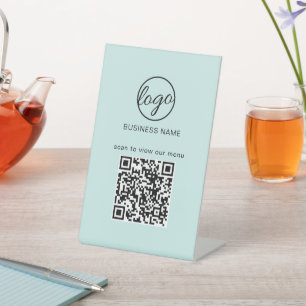 Business Logo Restaurant Menu QR Code Turquoise Pedestal Sign