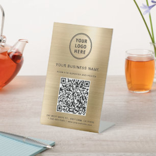Business Logo Scan Me QR Code Gold Pedestal Sign
