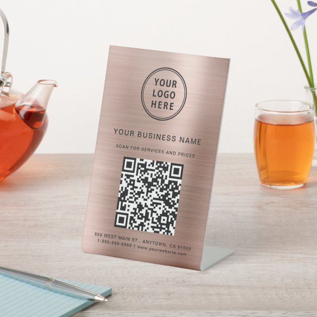 Business Logo Scan Me QR Code Rose Gold Pedestal Sign (In SItu)