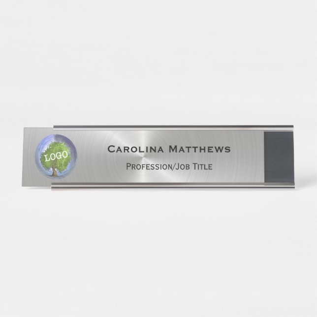 Business Logo Silver Changeable Desk Name Plate (Front)
