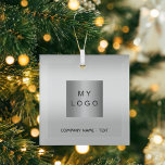 Business logo silver Christmas Glass Ornament<br><div class="desc">A stylish faux silver looking background. Personalize and add your business,  company logo and a text.  If you want the it without text,  use your back-space key to delete.</div>