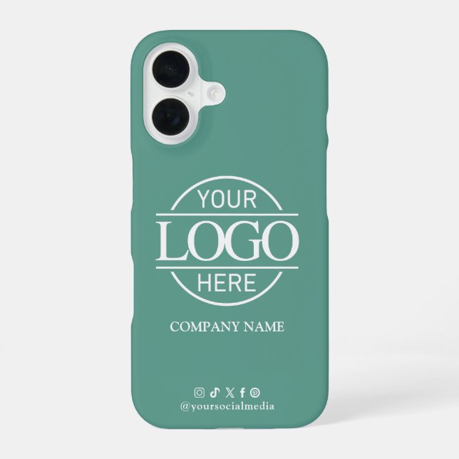 Business Logo & Social Media Teal Promotional iPhone 16 Case (Back)
