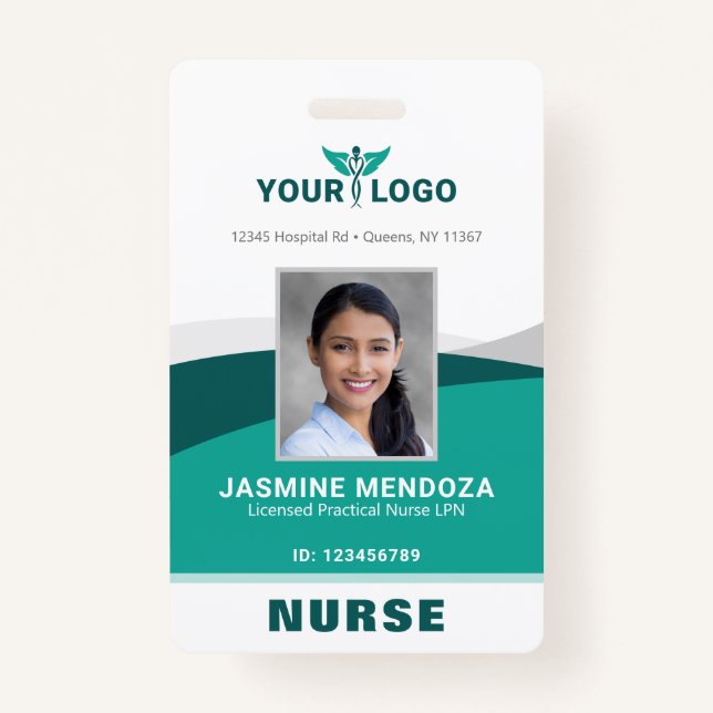 Business Logo Template Teal Employee Photo Name ID Badge (Front)