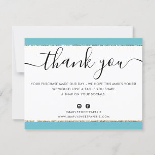 BUSINESS LOGO THANK YOU elegant aqua gold glitter Card