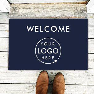 Business Logo   Welcome Modern Navy Blue Corporate Doormat