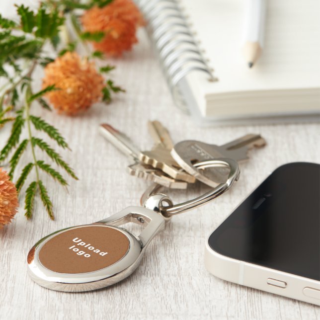 Business Logo With Brown Background on Oval Metal Keychain (Side)