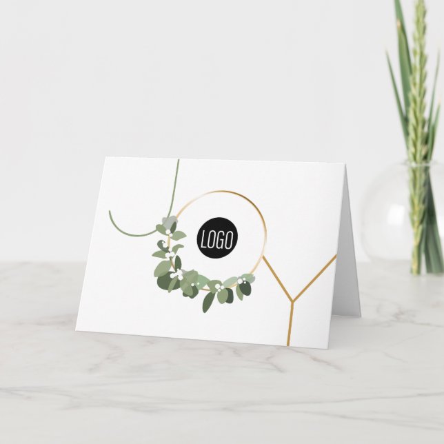 Business Logo Wreath Happy Holidays Joy Custom Holiday Card (Front)