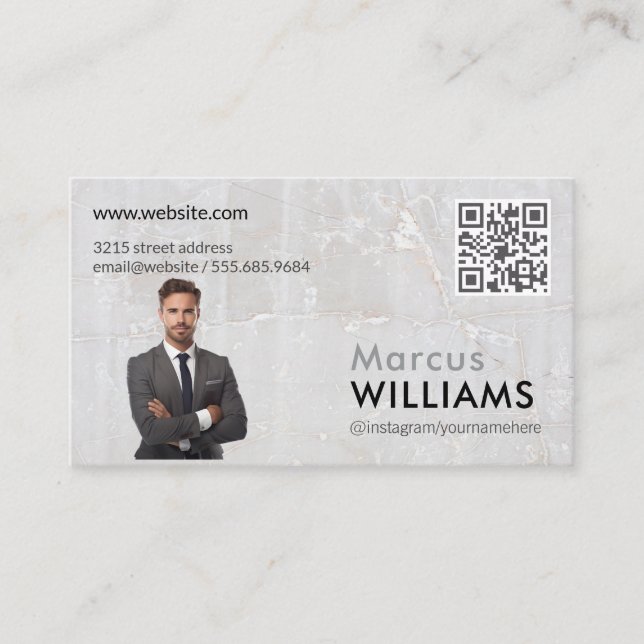 Business Man in Suit | Marble | QR Code Business Card (Front)