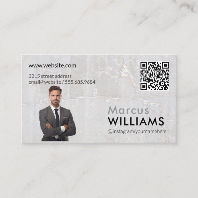 Business Man in Suit | Marble | QR Code Card (Front)