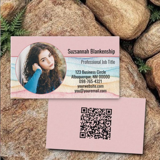 Business Marketing Custom Round Photo and QR Code  Card (custom photo and qr code business card template)
