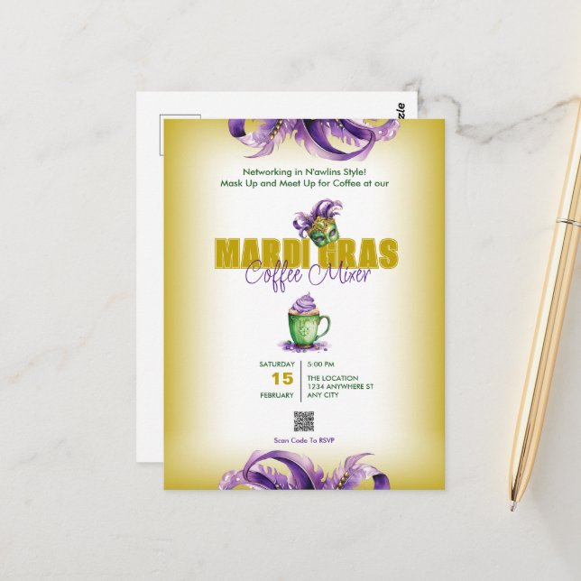Business Mixer Mardi Gras QR Code Invitation Postcard (Front/Back In Situ)