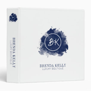 Business Modern Chic Monogram Navy & White QR Code Binder