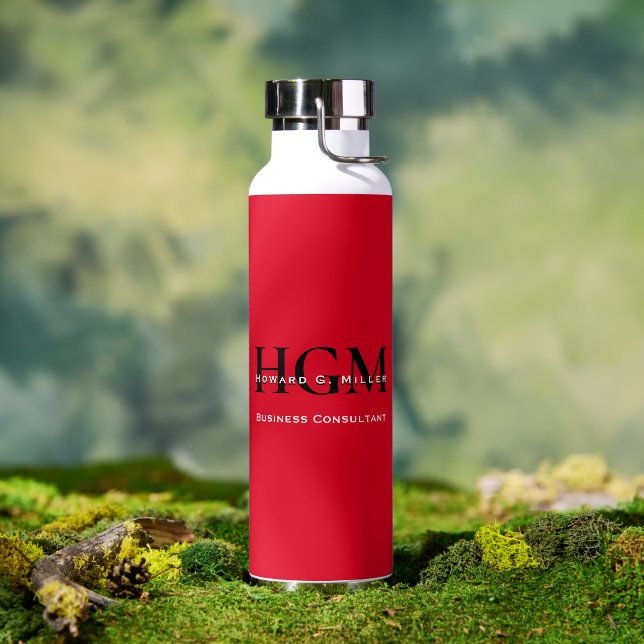 Business Modern Red Black 3 Letter Monogram Logo Water Bottle (Outdoor)