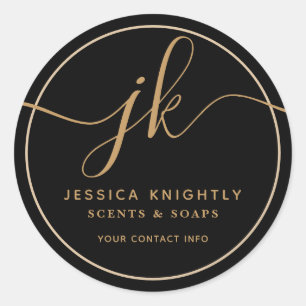 Business Monogram Script Logo Black Gold Classic Round Sticker