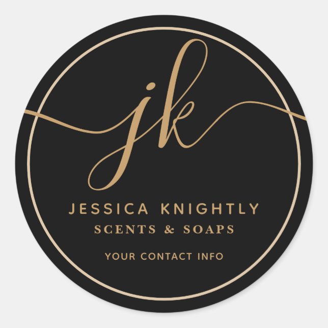Business Monogram Script Logo Black Gold Classic Round Sticker (Front)