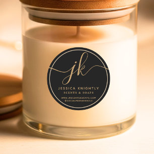 Business Monogram Script Logo Contact Black Gold Classic Round Sticker