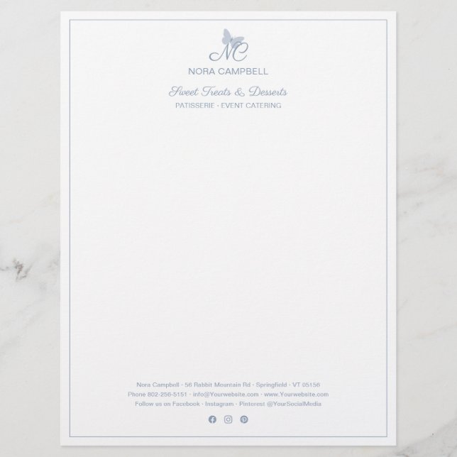 Business Monogram Social Media Dusty Blue Border Letterhead (Front)