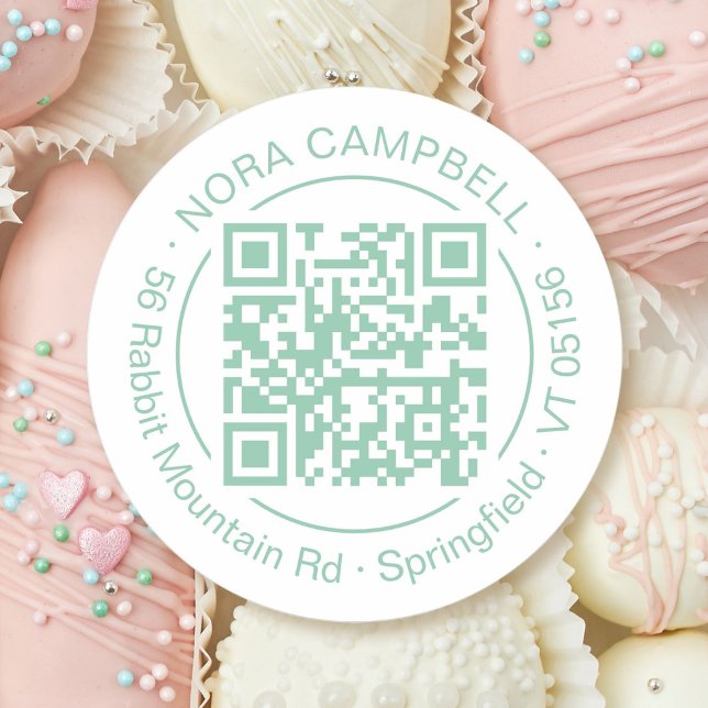 Business Name Address Circle Frame QR Code Mint Classic Round Sticker (Modern, elegant business name, QR code round sticker with circle frame in mint.)