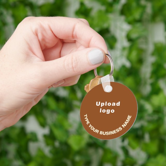 Business Name and Logo on Brown Round Aluminum Keychain (Hand)