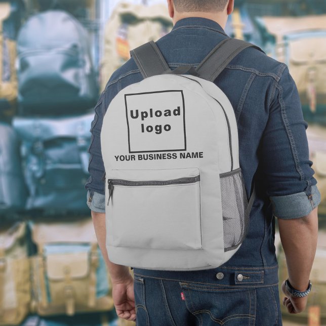 Business Name and Logo on Grey Backpack (Build brand name awareness. Your business name and logo on gray backpack.)