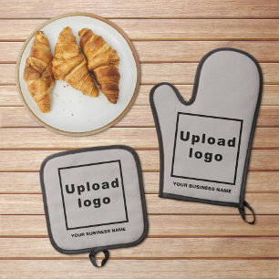 Business Name and Logo on Grey Oven Mitt & Pot Holder Set