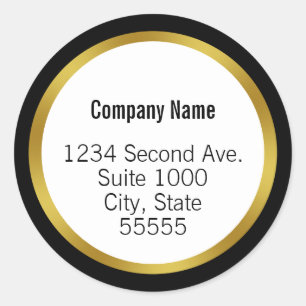 Business Name Black White and Gold Return Address Classic Round Sticker