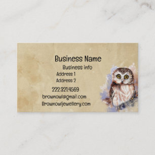 Business Name Cute Watercolor Owl Bird Wildlife  Business Card