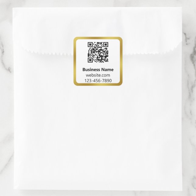 Business Name Gold and White Phone Website QR Code Square Sticker (Bag)