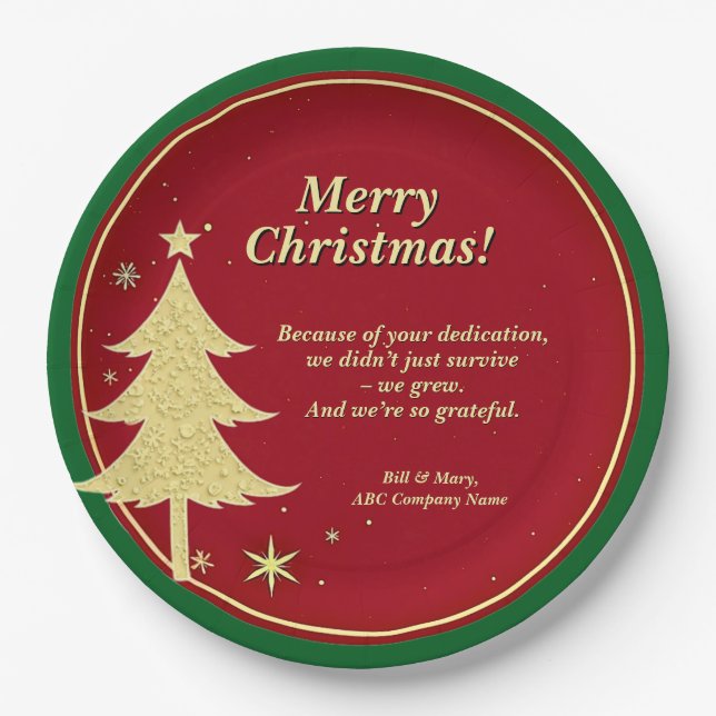 Business Name Message Red, Gold Christmas Tree 9" Paper Plate (Front)