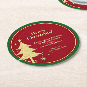 Business Name Message Red, Gold Christmas Tree  Round Paper Coaster