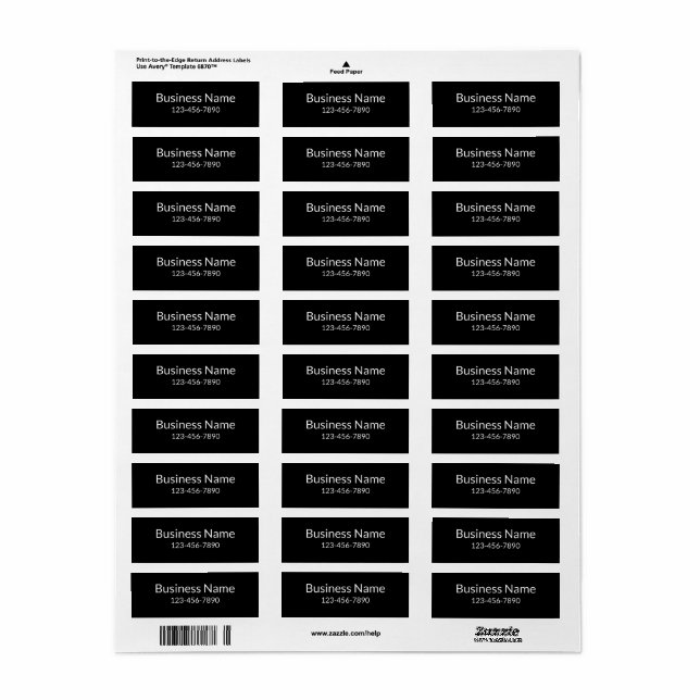 Business Name Phone Number Black Product Label (Full Sheet)
