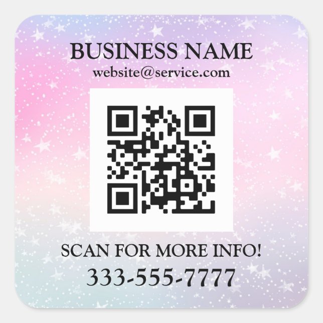 Business Name Promo, QR Code, Stars Pink Purple Square Sticker (Front)