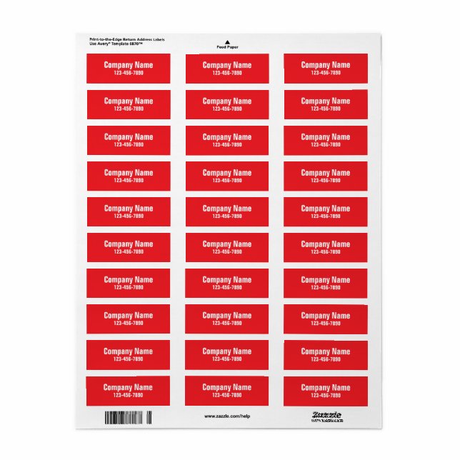 Business Name Red Phone Number Product Label (Full Sheet)